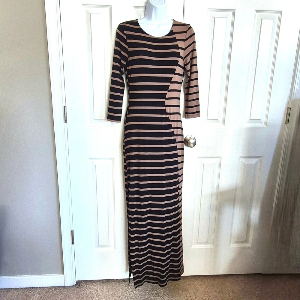 Spense black and tan striped maxi dress 3/4 sleeve women's 6‎
